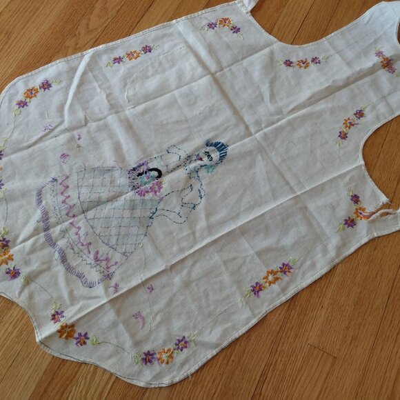 Vintage Full Apron Pinafore Handmade Embroidered Lady Flowers AS IS Flaws Ripped - Picture 13 of 14